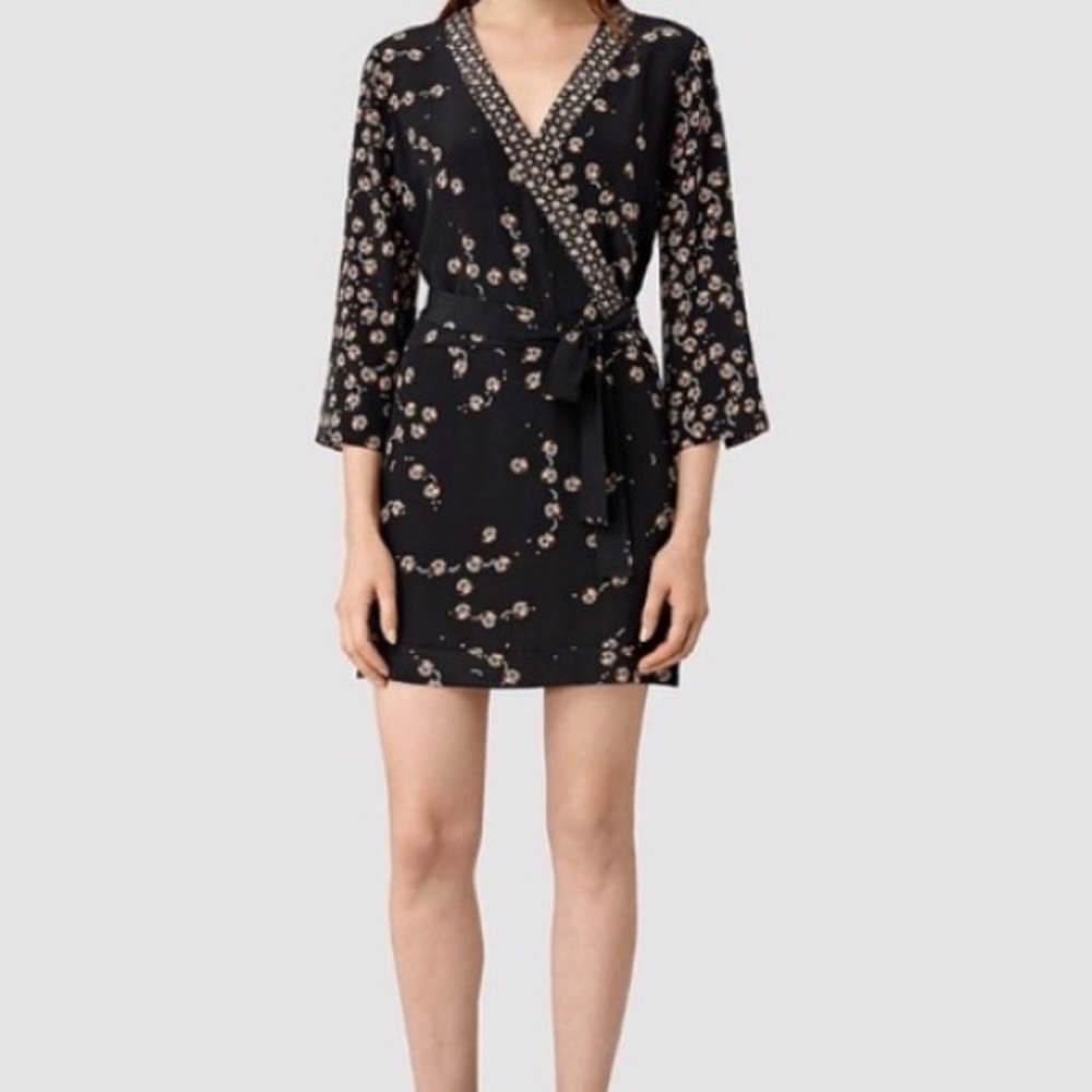 AllSaints Alva Fraise Silk Wrap Kimono Dress